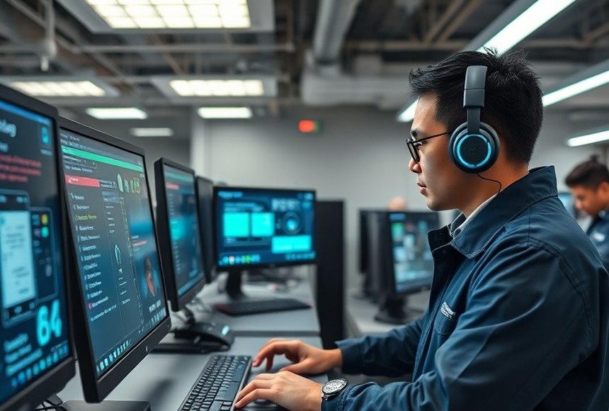 セルフサービス端末のカードリーダーを点検する担当者